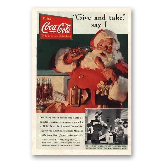 1937 Coca Cola Christmas Give and Take Say I Vintage Magazine Print Ad