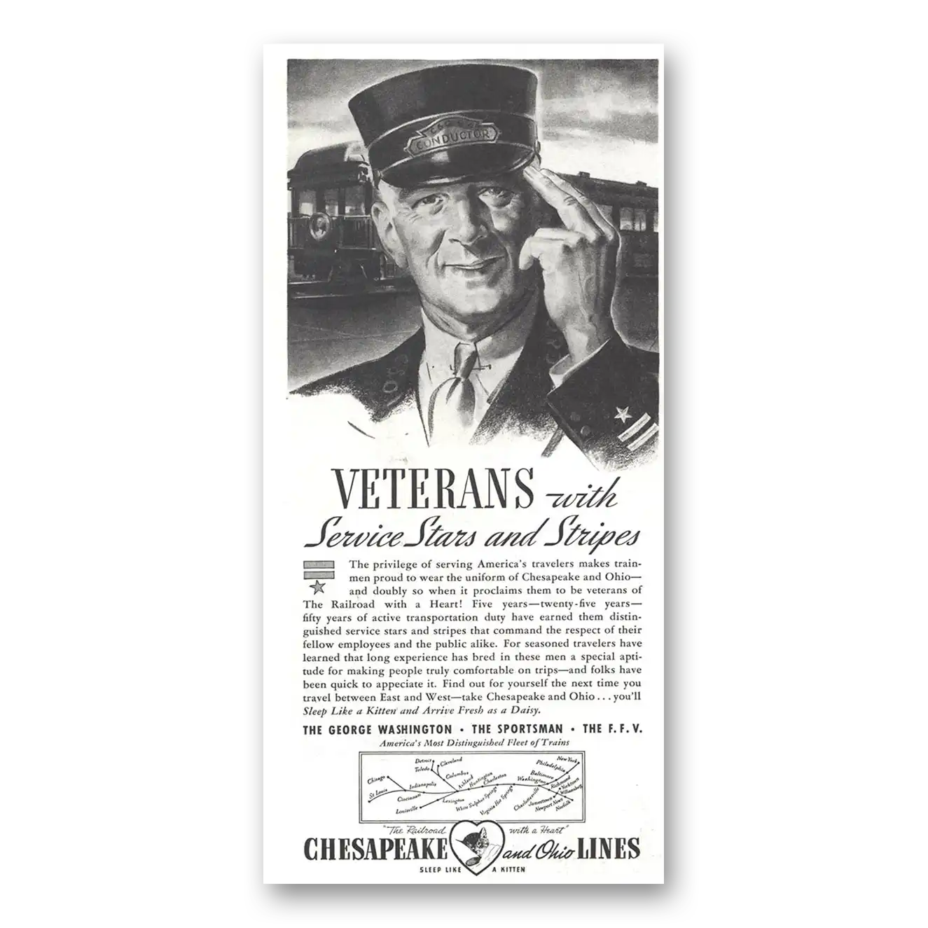 1937 Chesapeake and Ohio Lines Veterans With Service Stars and Stripes Vintage Magazine Print Ad