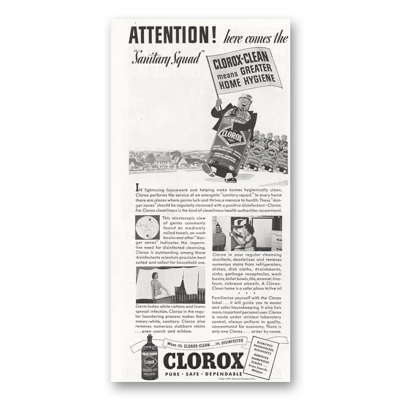 1937 Clorox Here Comes the Sanitary Squad Vintage Magazine Print Ad