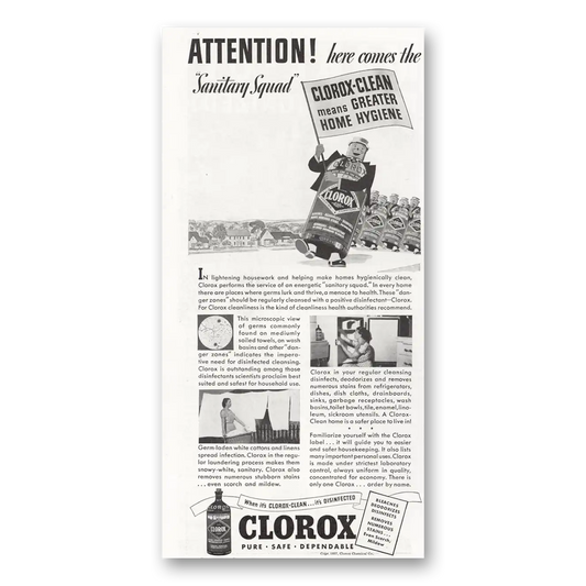 1937 Clorox Here Comes the Sanitary Squad Vintage Magazine Print Ad