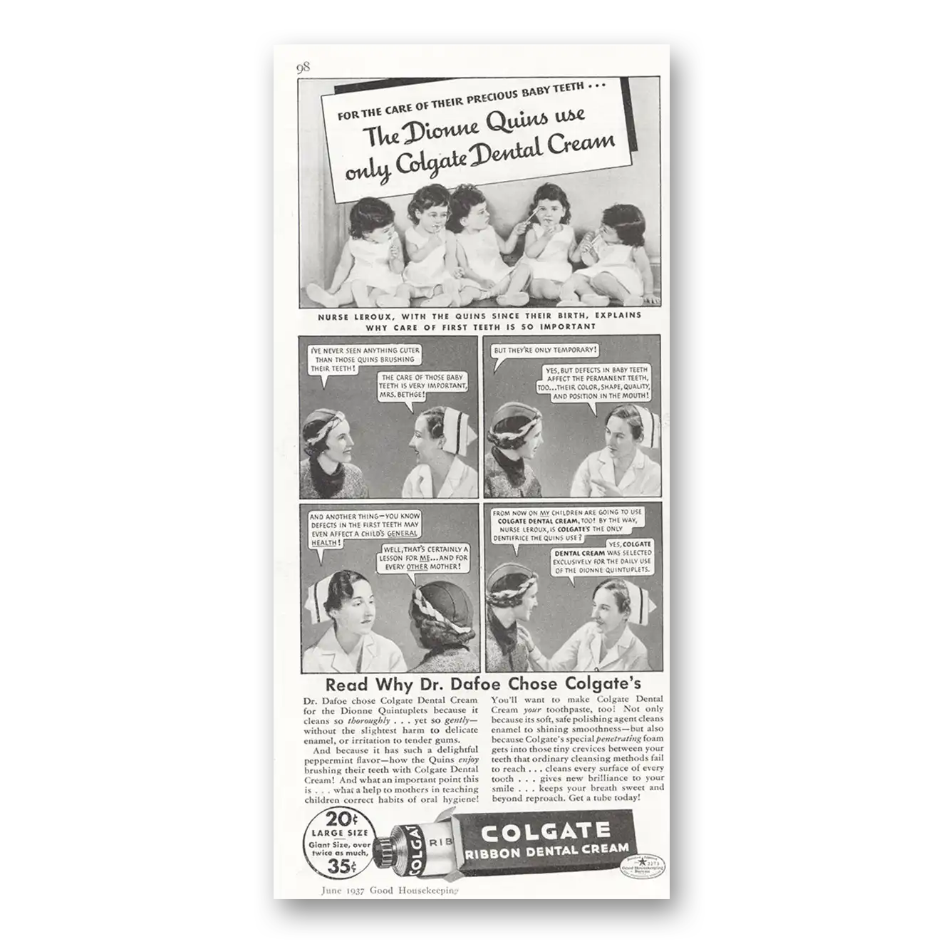 1937 Colgate Dental Cream The Dionne Quints Vintage Magazine Print Ad