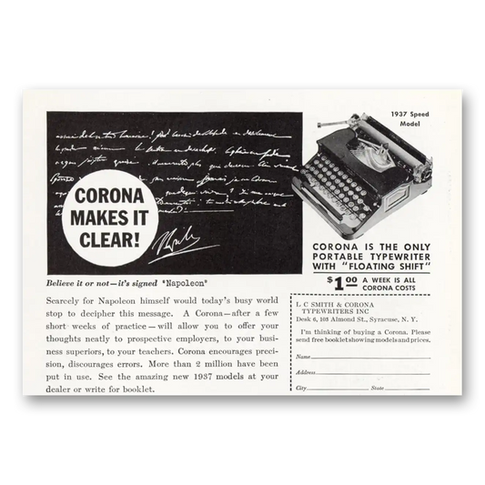 1937 Corona Typewriter Makes It Clearer Vintage Magazine Print Ad