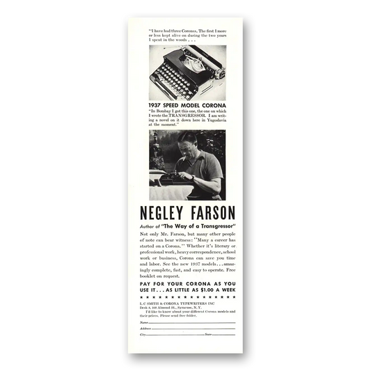 1937 Corona Typewriter Speed Model Negley Farson Vintage Magazine Print Ad