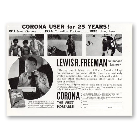 1937 Corona Typewriter Lewis R Freeman Vintage Magazine Print Ad