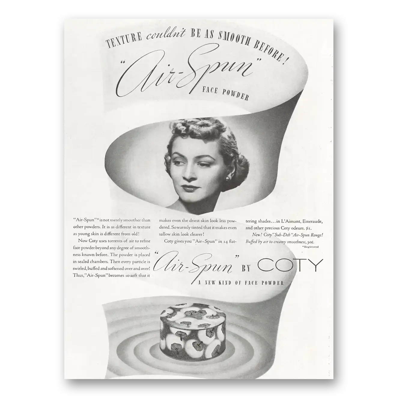 1937 Coty Cosmetics Air Spun Texture Couldn't Be As Smooth Vintage Magazine Print Ad