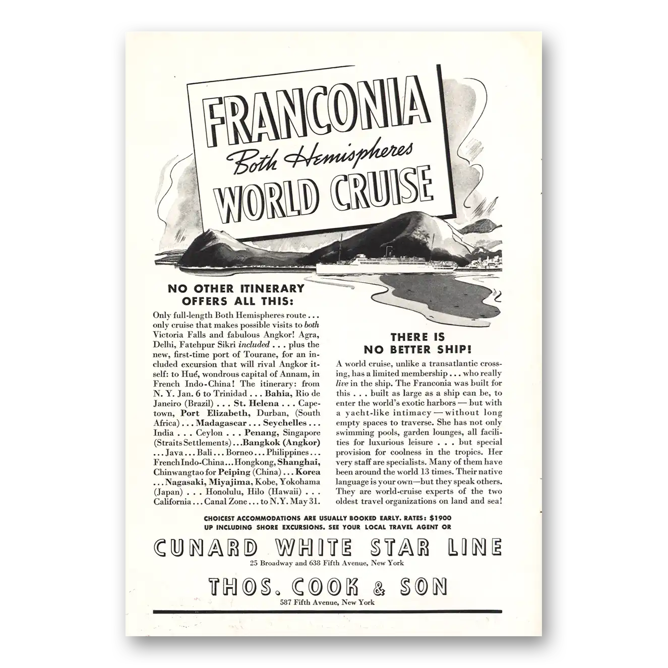 1937 Cunard Franconia World Cruise Vintage Magazine Print Ad