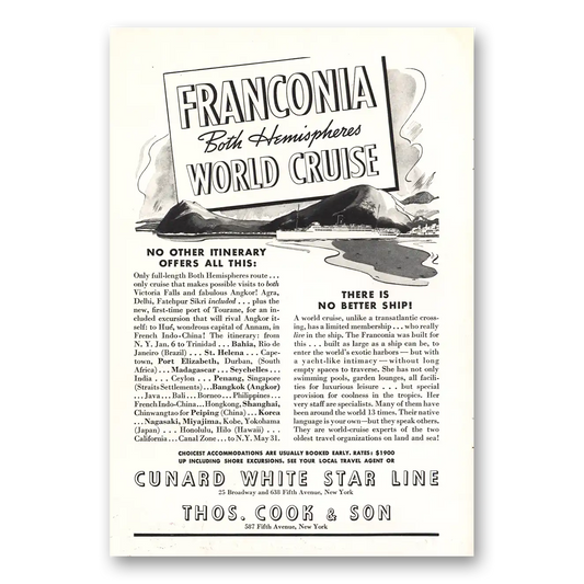 1937 Cunard Franconia World Cruise Vintage Magazine Print Ad