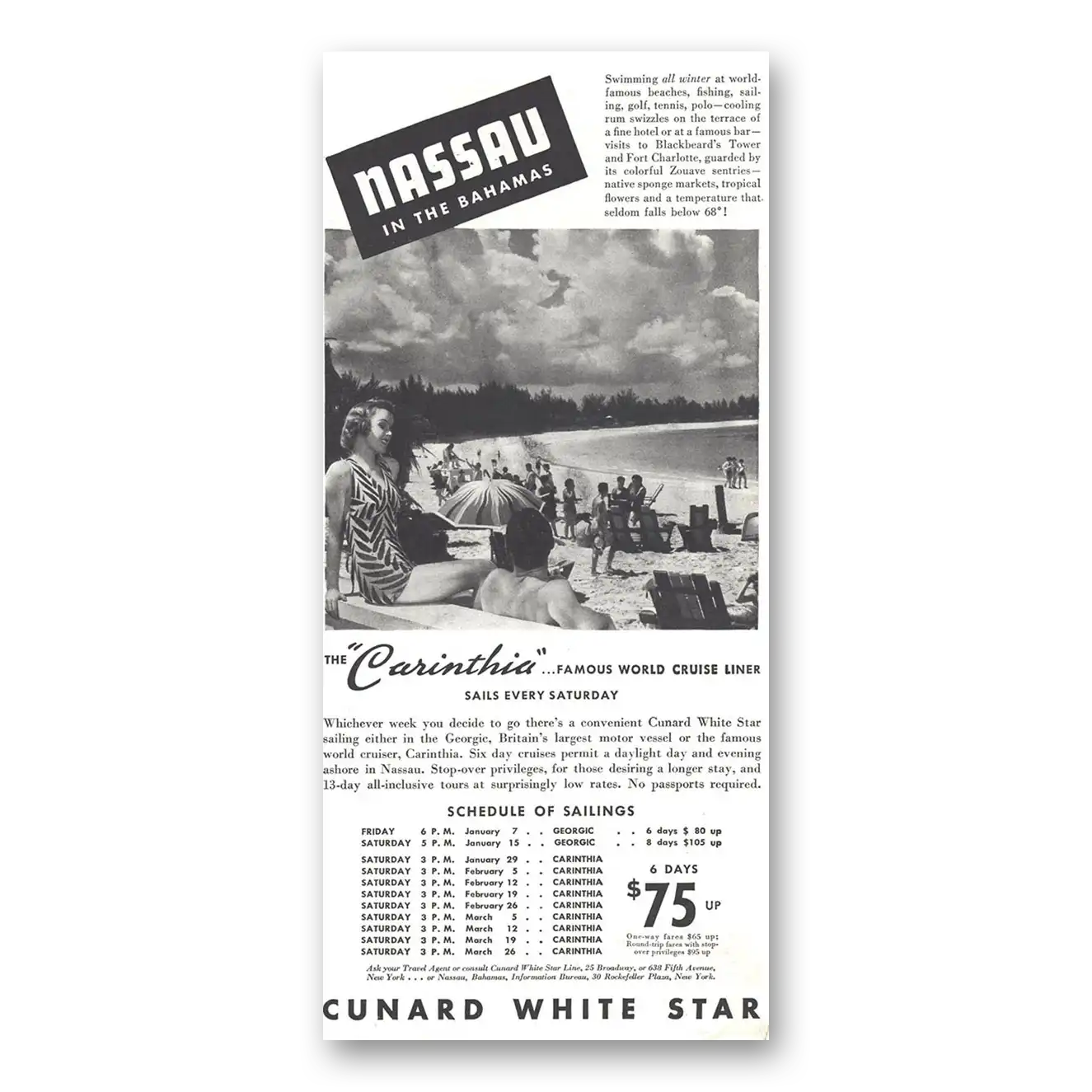 1937 White Star Line White Star Nassau Bahamas Carinthia Vintage Magazine Print Ad