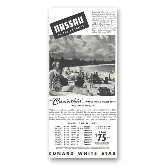 1937 White Star Line White Star Nassau Bahamas Carinthia Vintage Magazine Print Ad