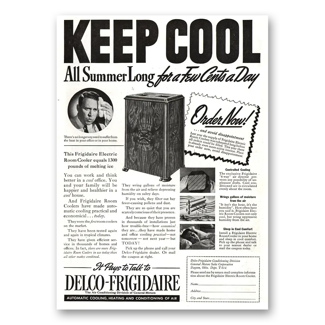 1937 Frigidaire Electric Room Cooler Keep Cool Room Cooler Vintage Magazine Print Ad