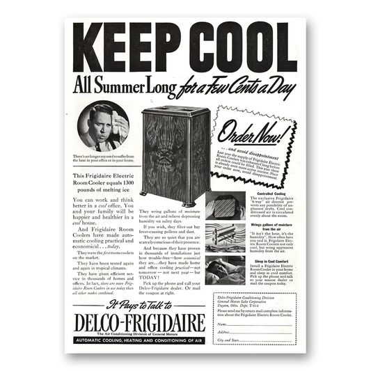 1937 Frigidaire Electric Room Cooler Keep Cool Room Cooler Vintage Magazine Print Ad