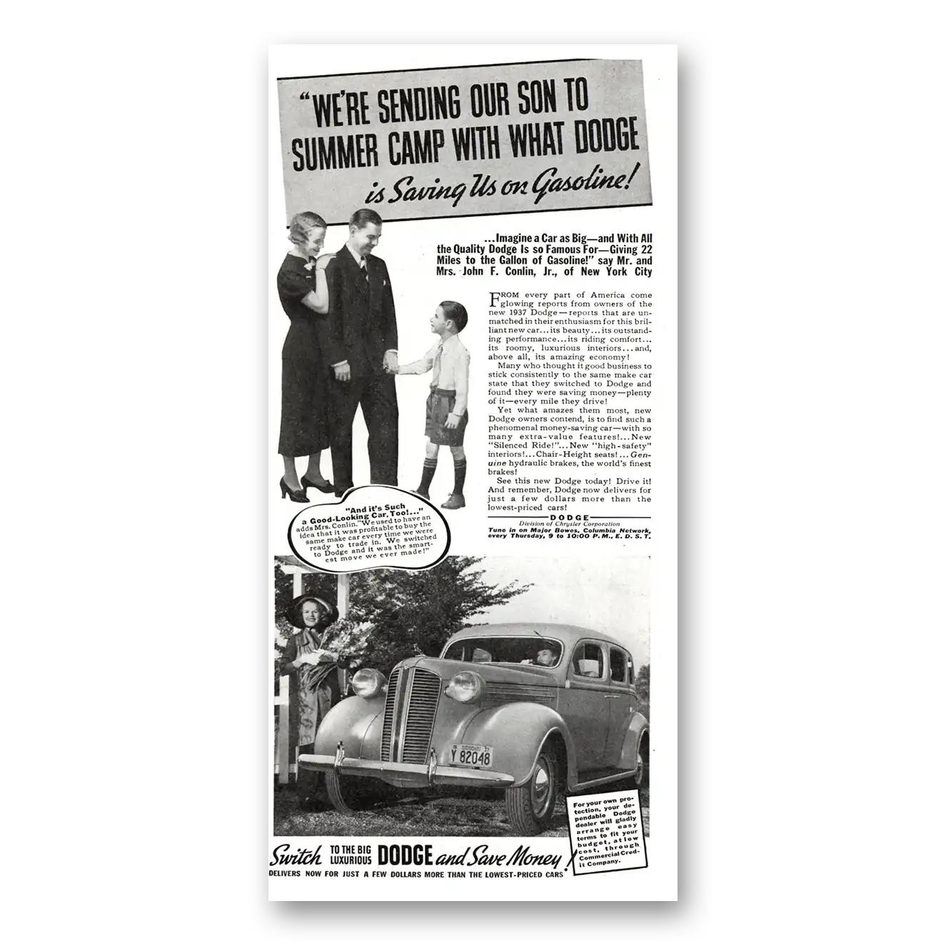 1937 Dodge Sending Our Son to Summer Camp Vintage Magazine Print Ad