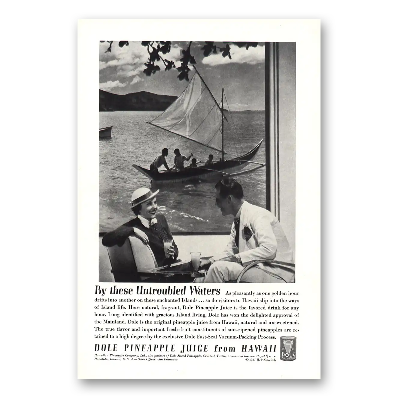 1937 Dole Pineapple Juice Untroubled Waters Vintage Magazine Print Ad