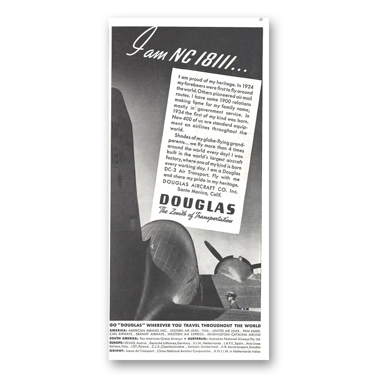 1937 Douglas DC3 I Am NC18111 Vintage Magazine Print Ad