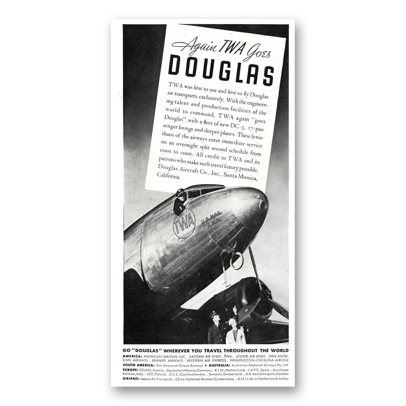 1937 Douglas TWA Goes Douglas Vintage Magazine Print Ad