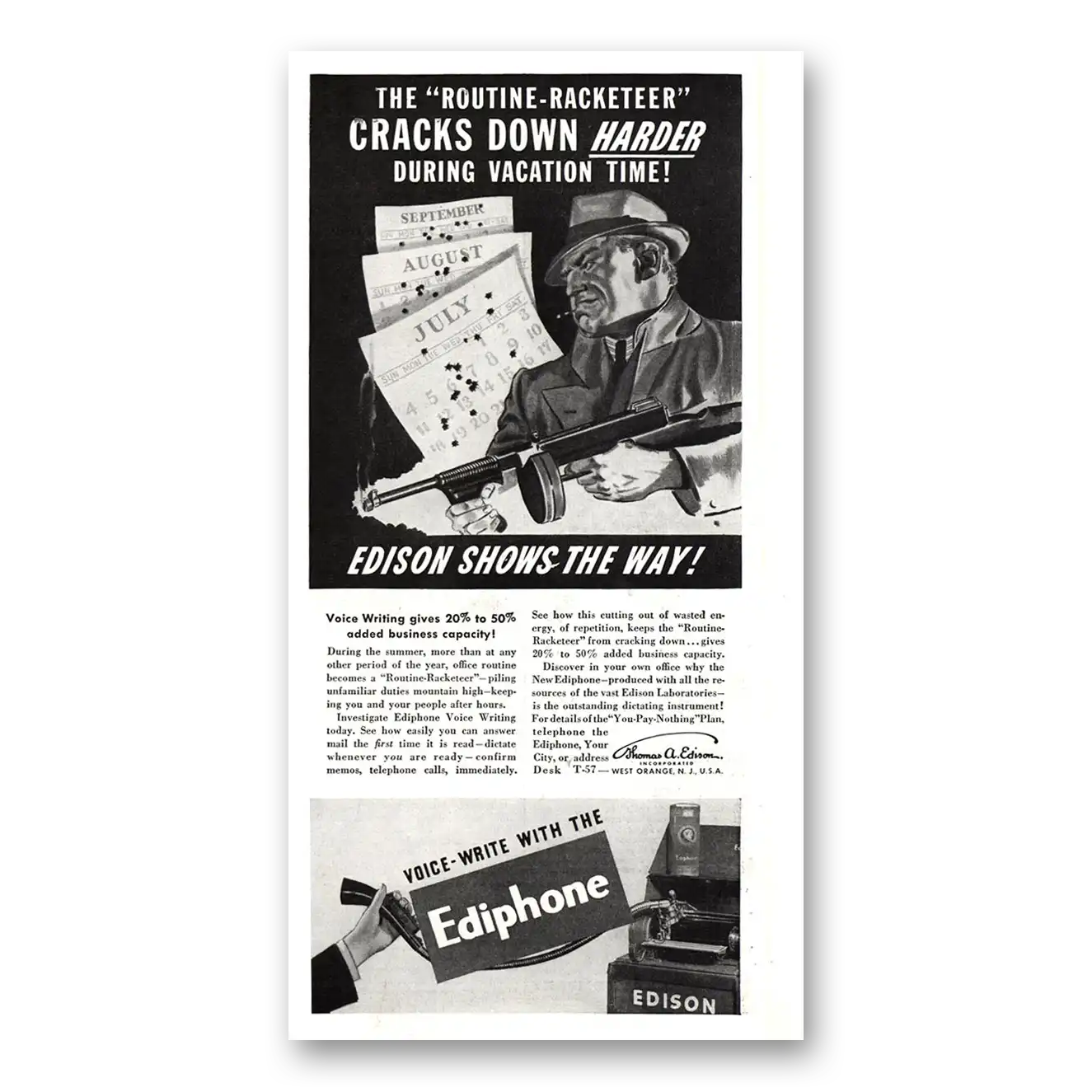 1937 Ediphone Routine Racketeer Cracks Down Harder Vintage Magazine Print Ad