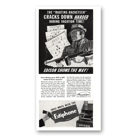 1937 Ediphone Routine Racketeer Cracks Down Harder Vintage Magazine Print Ad