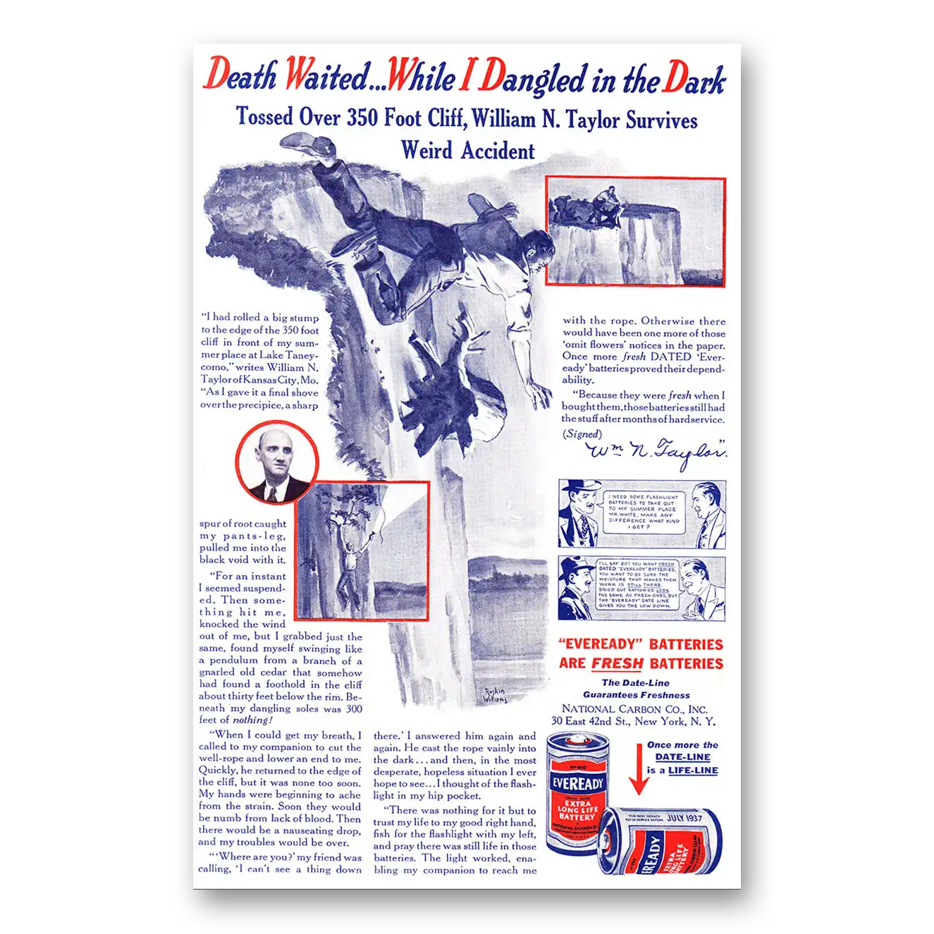 1937 Eveready Batteries Death Waited While I Dangled in the Dark Vintage Magazine Print Ad