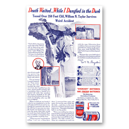 1937 Eveready Batteries Death Waited While I Dangled in the Dark Vintage Magazine Print Ad