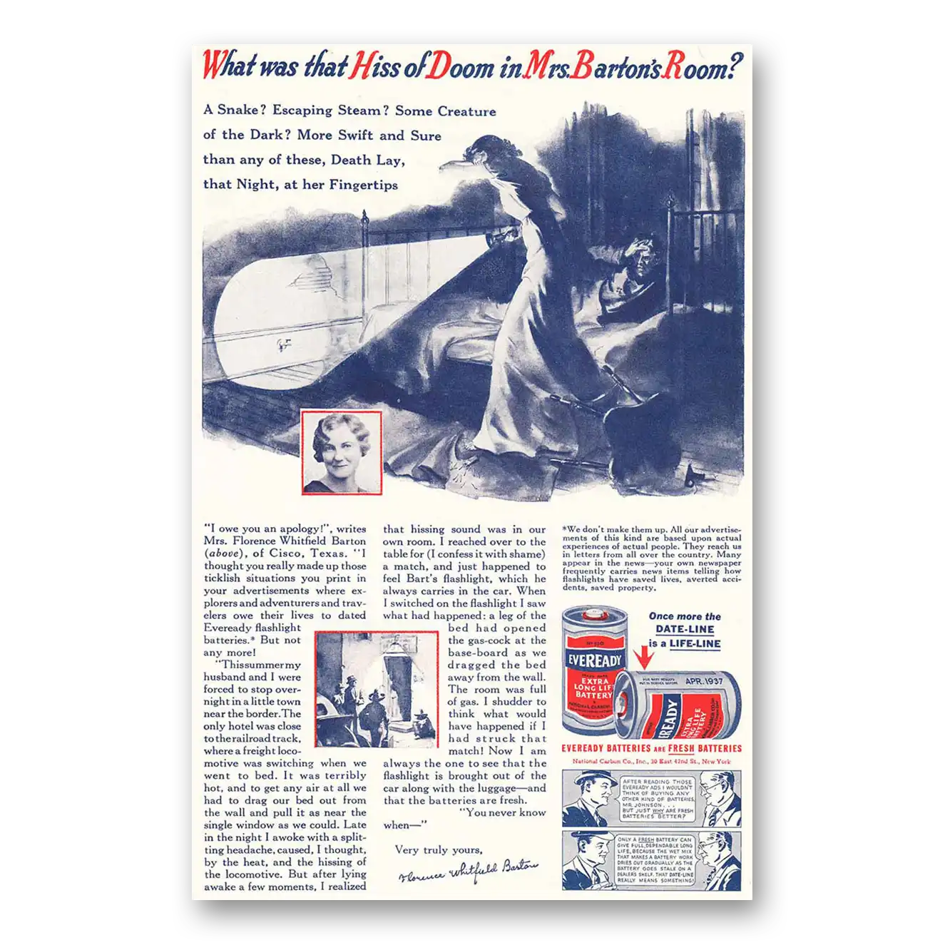 1937 Eveready Batteries Hiss of Doom Mrs Bartons Room Vintage Magazine Print Ad