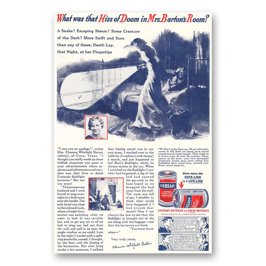 1937 Eveready Batteries Hiss of Doom Mrs Bartons Room Vintage Magazine Print Ad