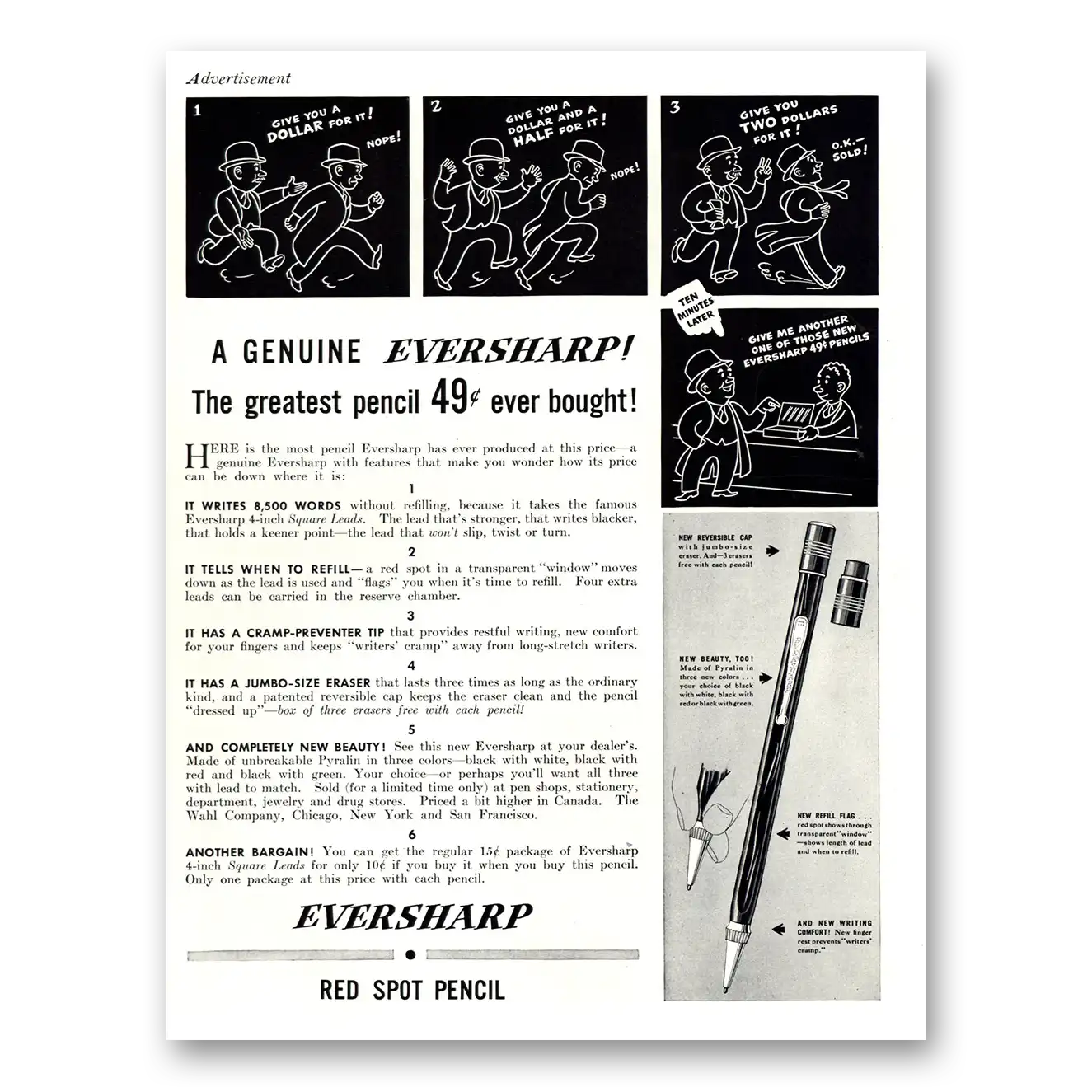 1937 Wahl Eversharp Red Spot Pencil Give You a Dollar For It Vintage Magazine Print Ad