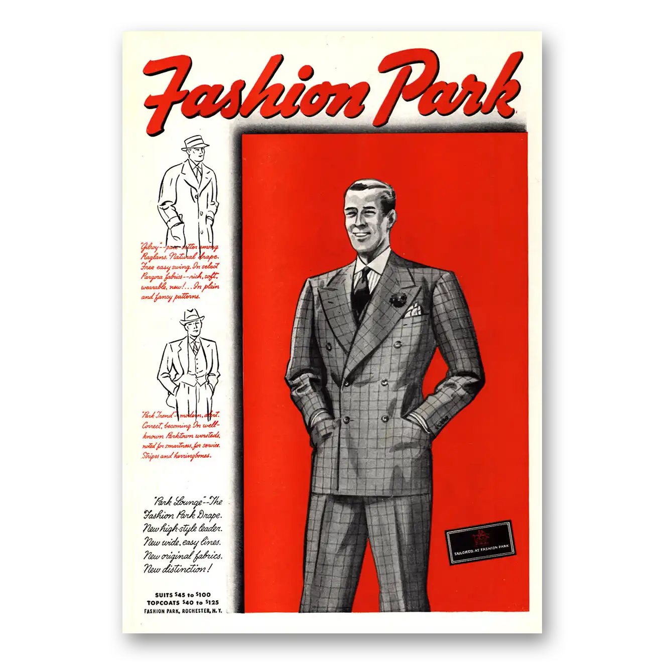 1937 Fashion Park Suits and Topcoats Vintage Magazine Print Ad