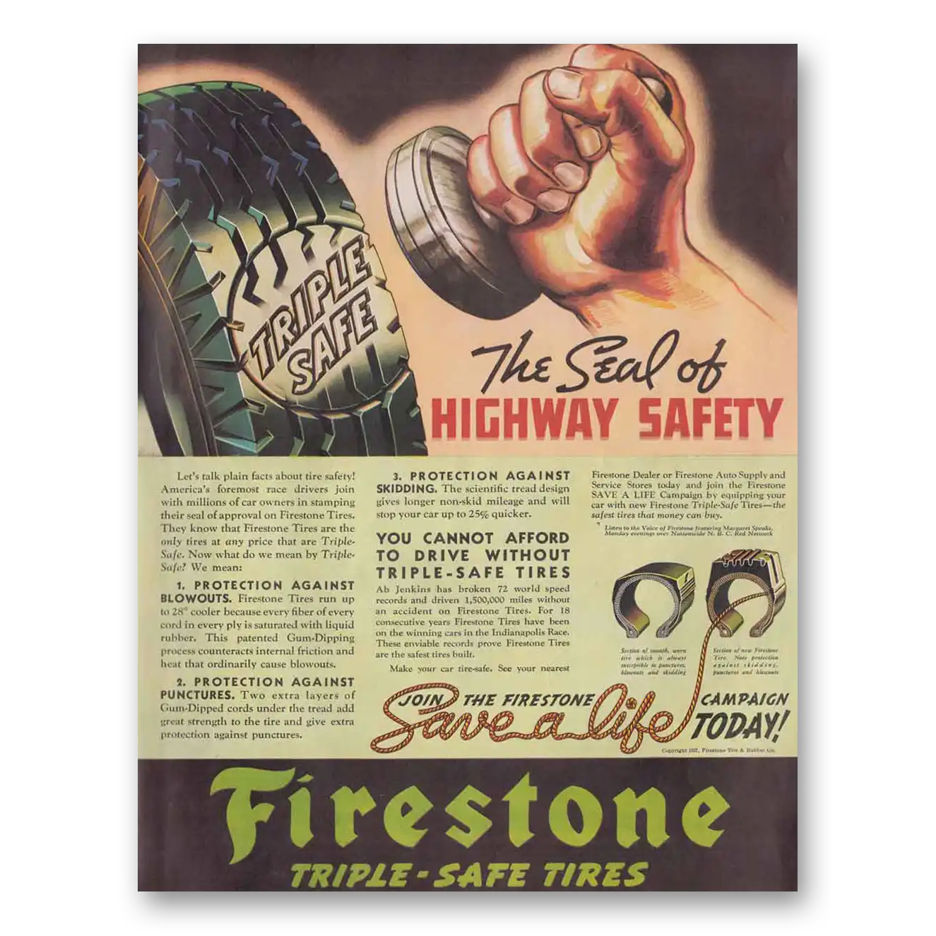 1937 Firestone Tires Triple Safe Tires Seal of Highway Safe Vintage Magazine Print Ad