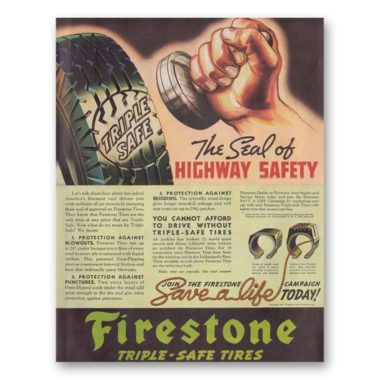 1937 Firestone Tires Triple Safe Tires Seal of Highway Safe Vintage Magazine Print Ad