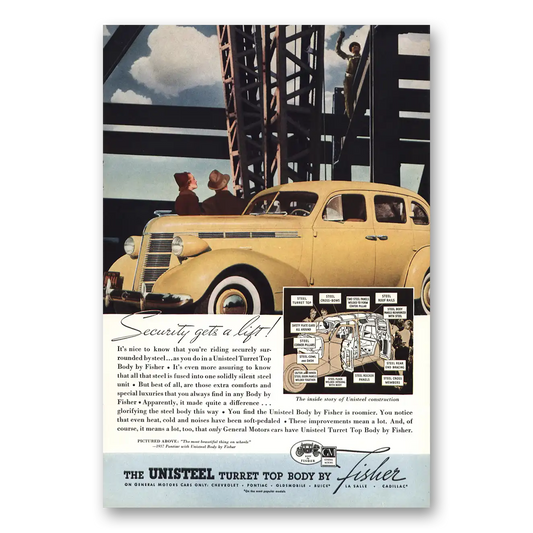 1937 Body by Fisher Security Gets a Lift Pontiac Vintage Magazine Print Ad