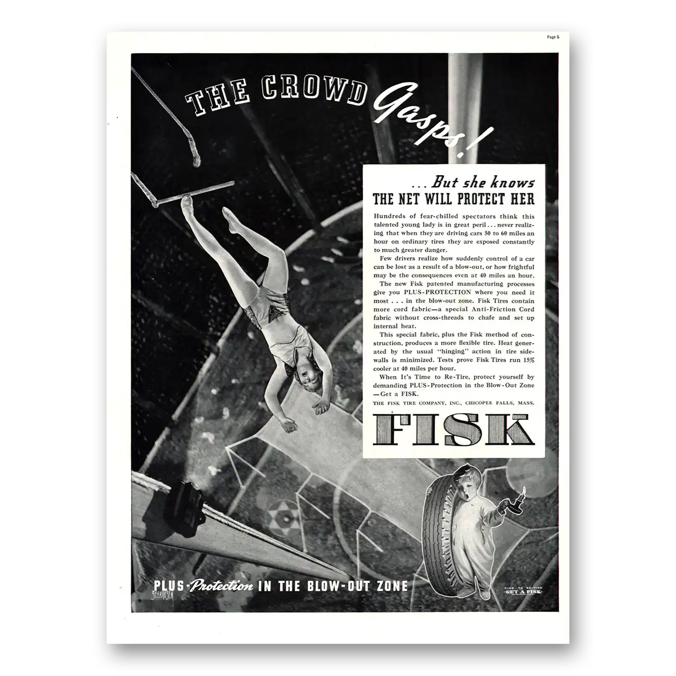 1937 Fisk Tires Crowd Gasps Net Will Protect Her Vintage Magazine Print Ad