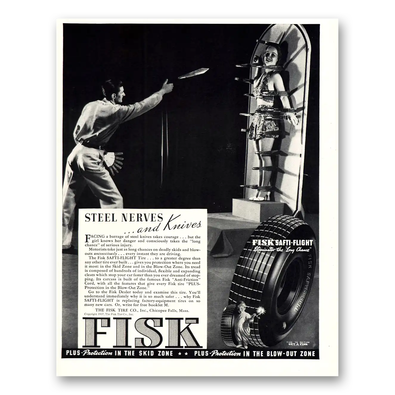 1937 Fisk Tires Steel Nerves and Knives Vintage Magazine Print Ad