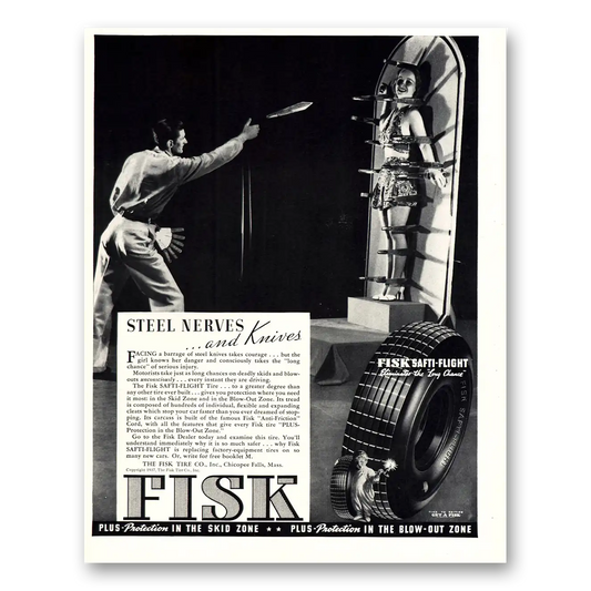 1937 Fisk Tires Steel Nerves and Knives Vintage Magazine Print Ad