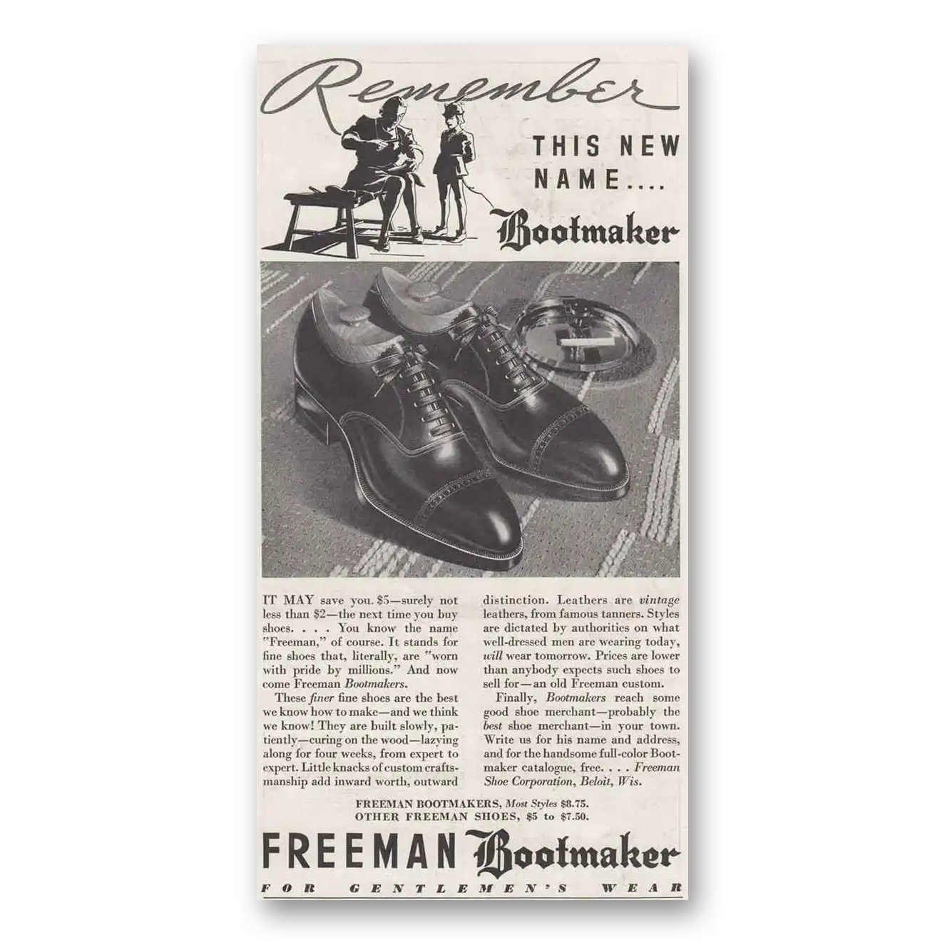 1937 Freeman Shoes Bootmaker Remember This New Name Vintage Magazine Print Ad