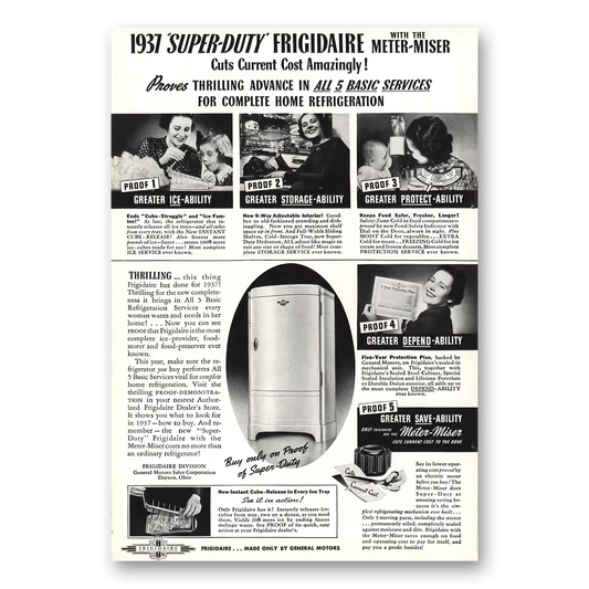 1937 Frigidaire Refrigerator Super Duty Frigidaire Meter Miser Vintage Magazine Print Ad