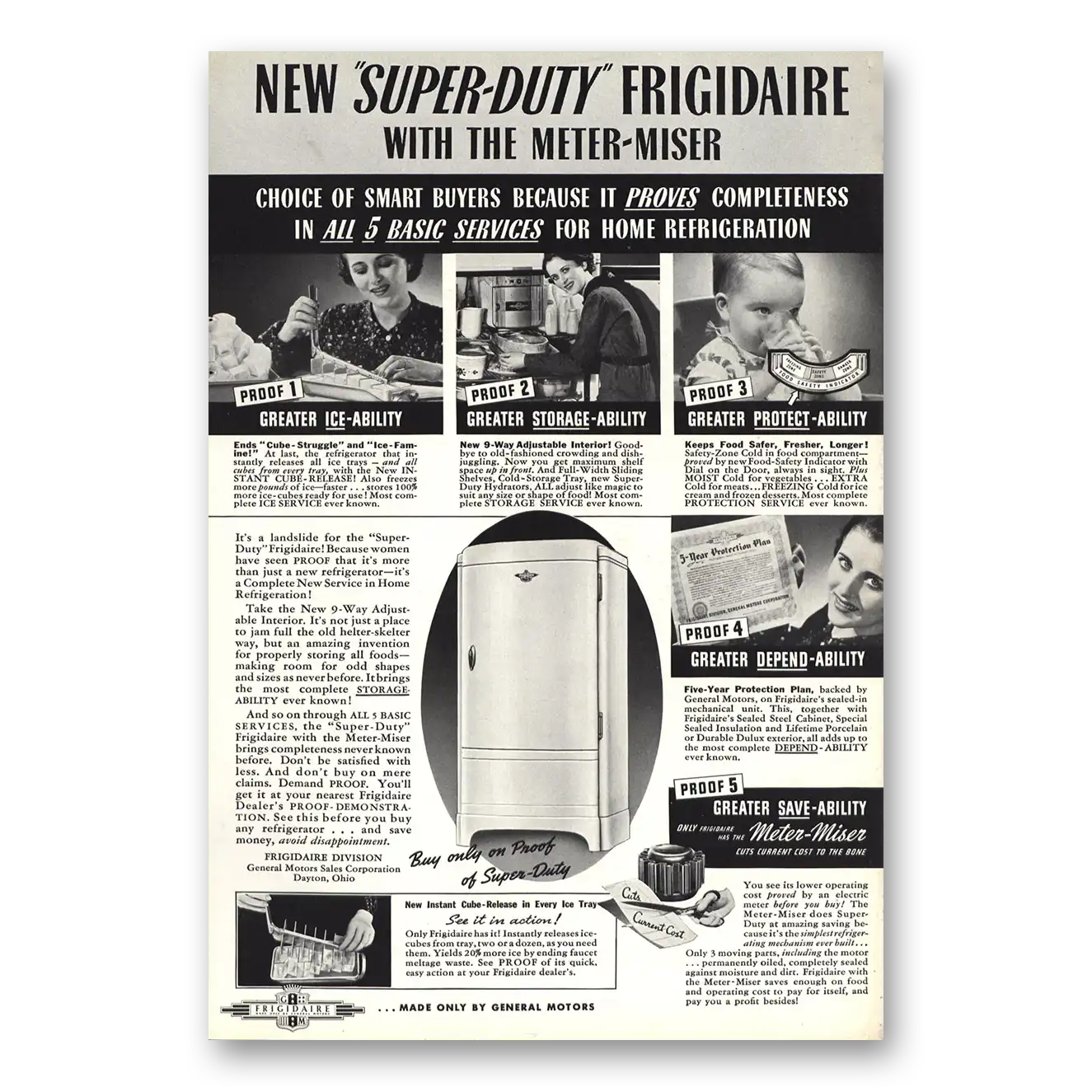 1937 Frigidaire Refrigerator Super Duty with the Meter Miser Vintage Magazine Print Ad