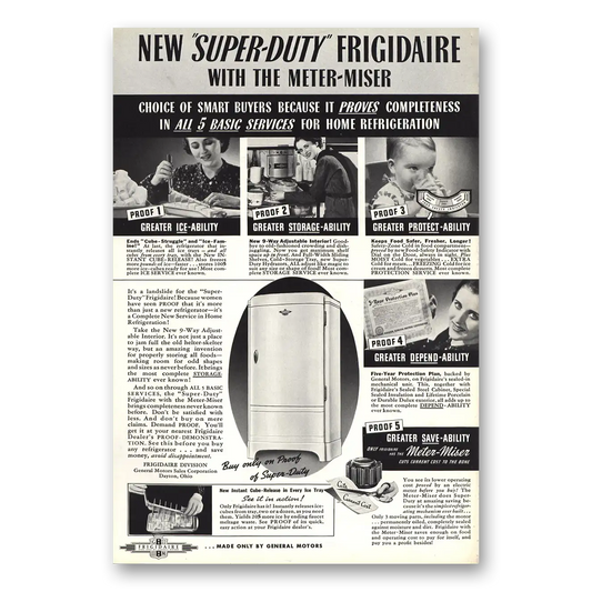 1937 Frigidaire Refrigerator Super Duty with the Meter Miser Vintage Magazine Print Ad