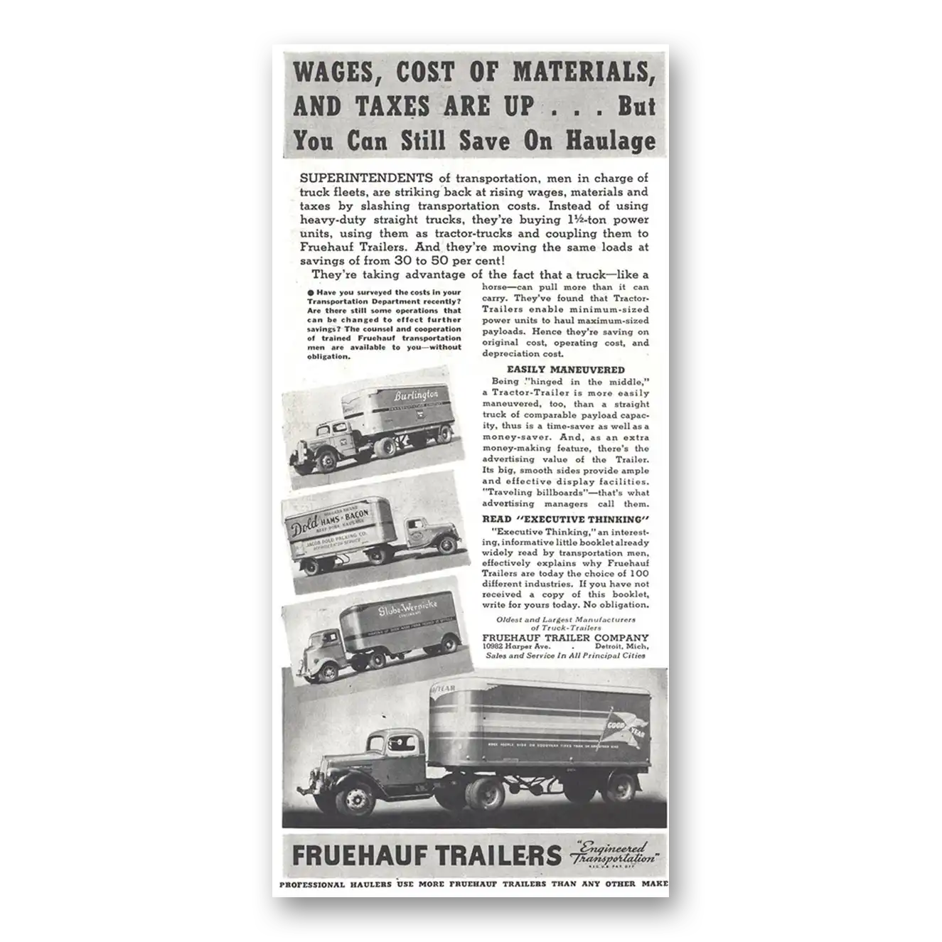 1937 Fruehauf Trailer Wages Cost of Material Vintage Magazine Print Ad