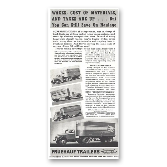 1937 Fruehauf Trailer Wages Cost of Material Vintage Magazine Print Ad