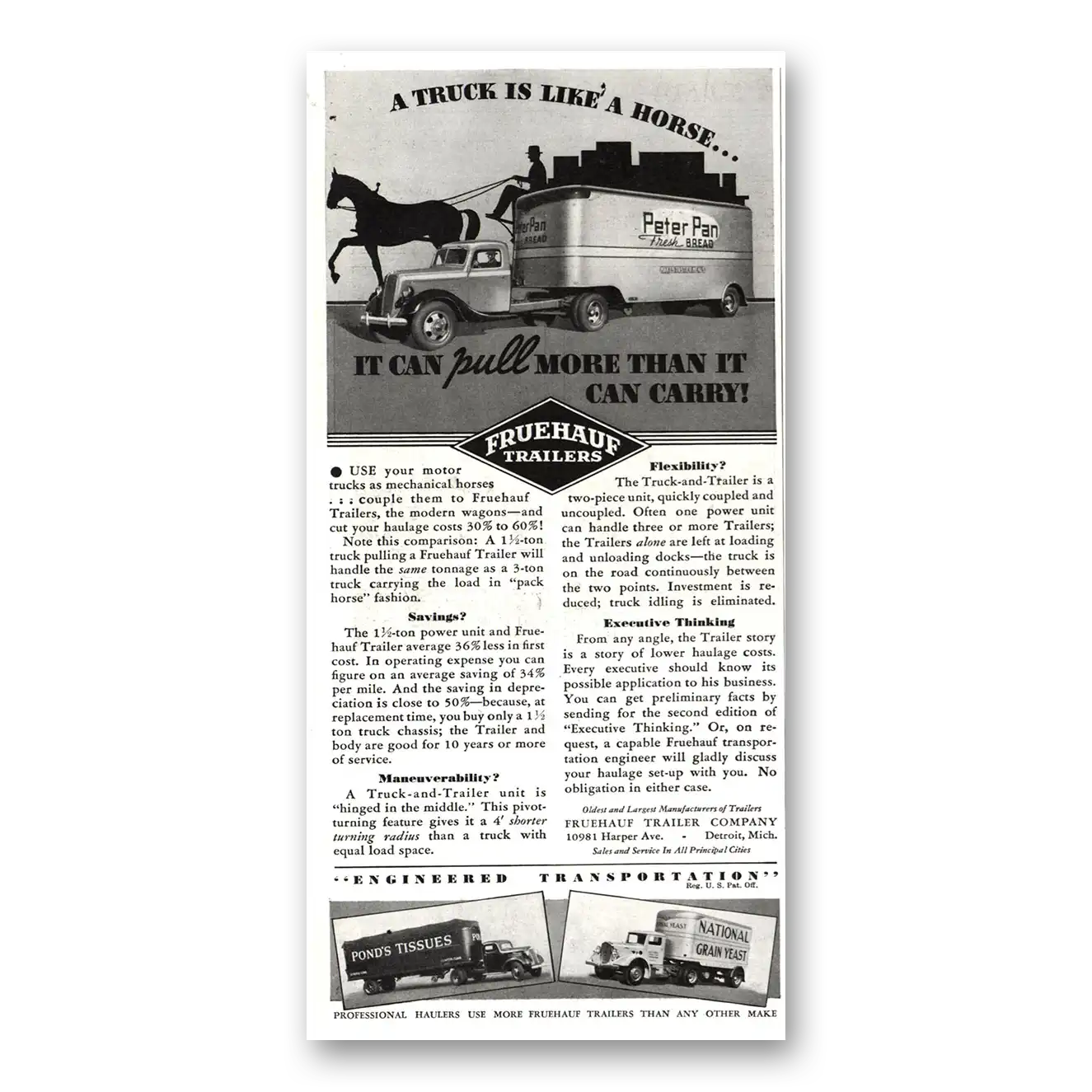 1937 Fruehauf Trailer Truck Is Like a Horse Vintage Magazine Print Ad