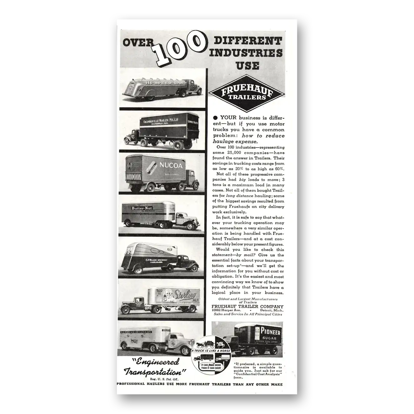 1937 Fruehauf Trailer 100 Different Industries Vintage Magazine Print Ad