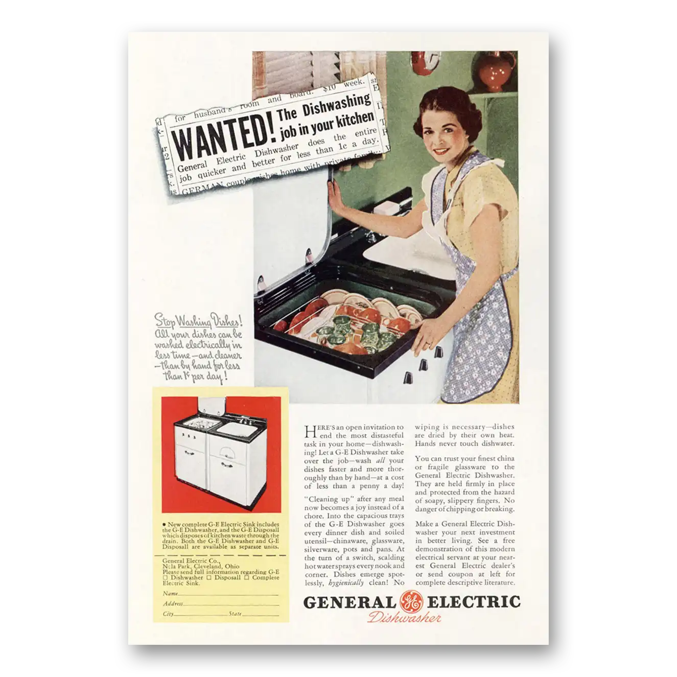 1937 General Electric Dishwasher Dishwashing Job in Your Kitchen Vintage Magazine Print Ad