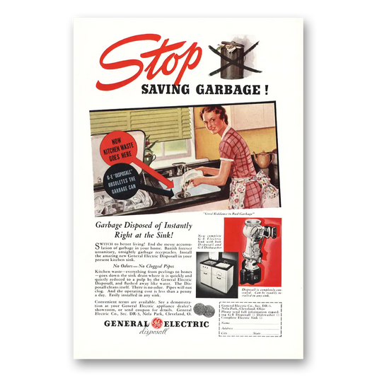 1937 General Electric Garbage Disposal Stop Saving the Garbage Vintage Magazine Print Ad