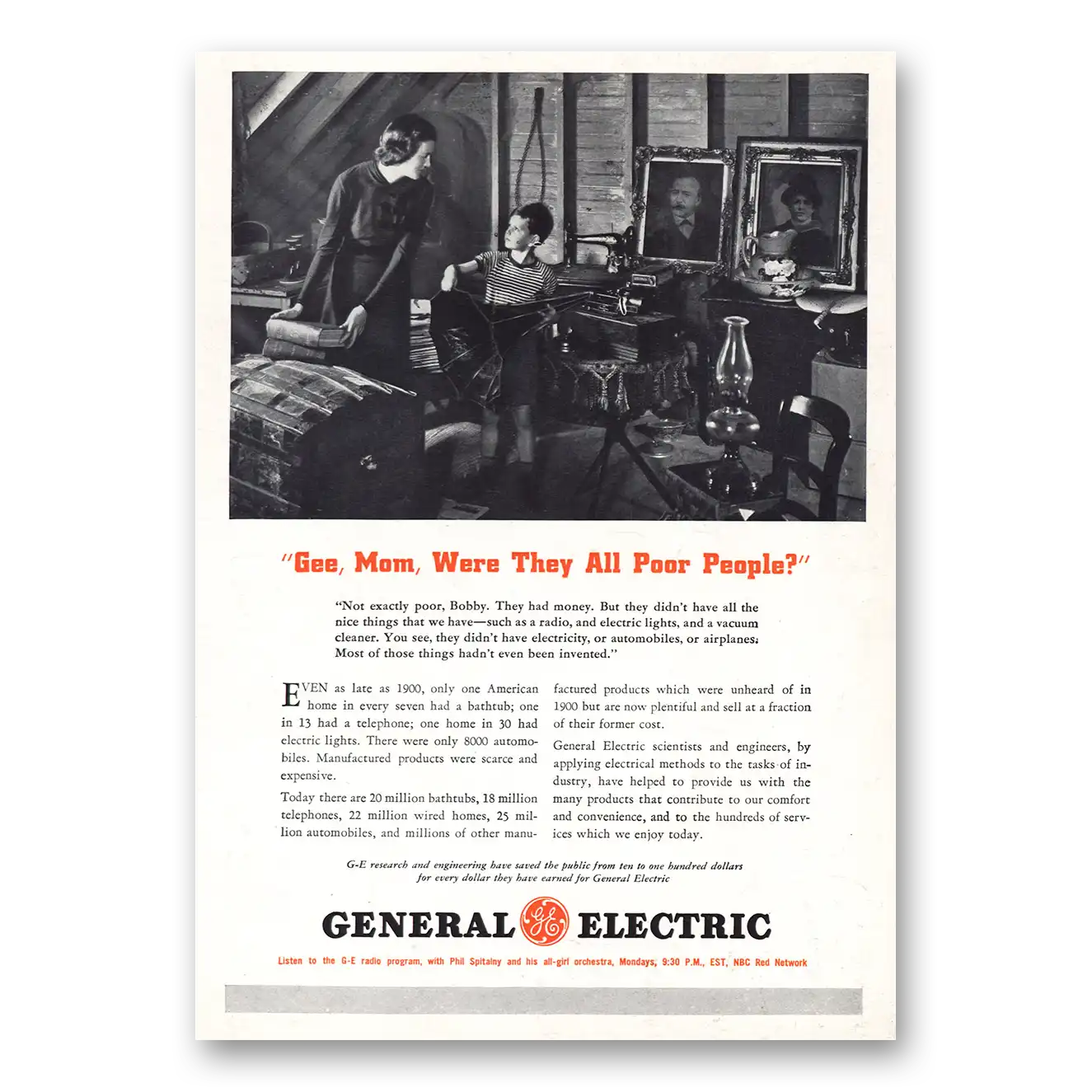 1937 General Electric Gee Mom Were They All Poor People Vintage Magazine Print Ad