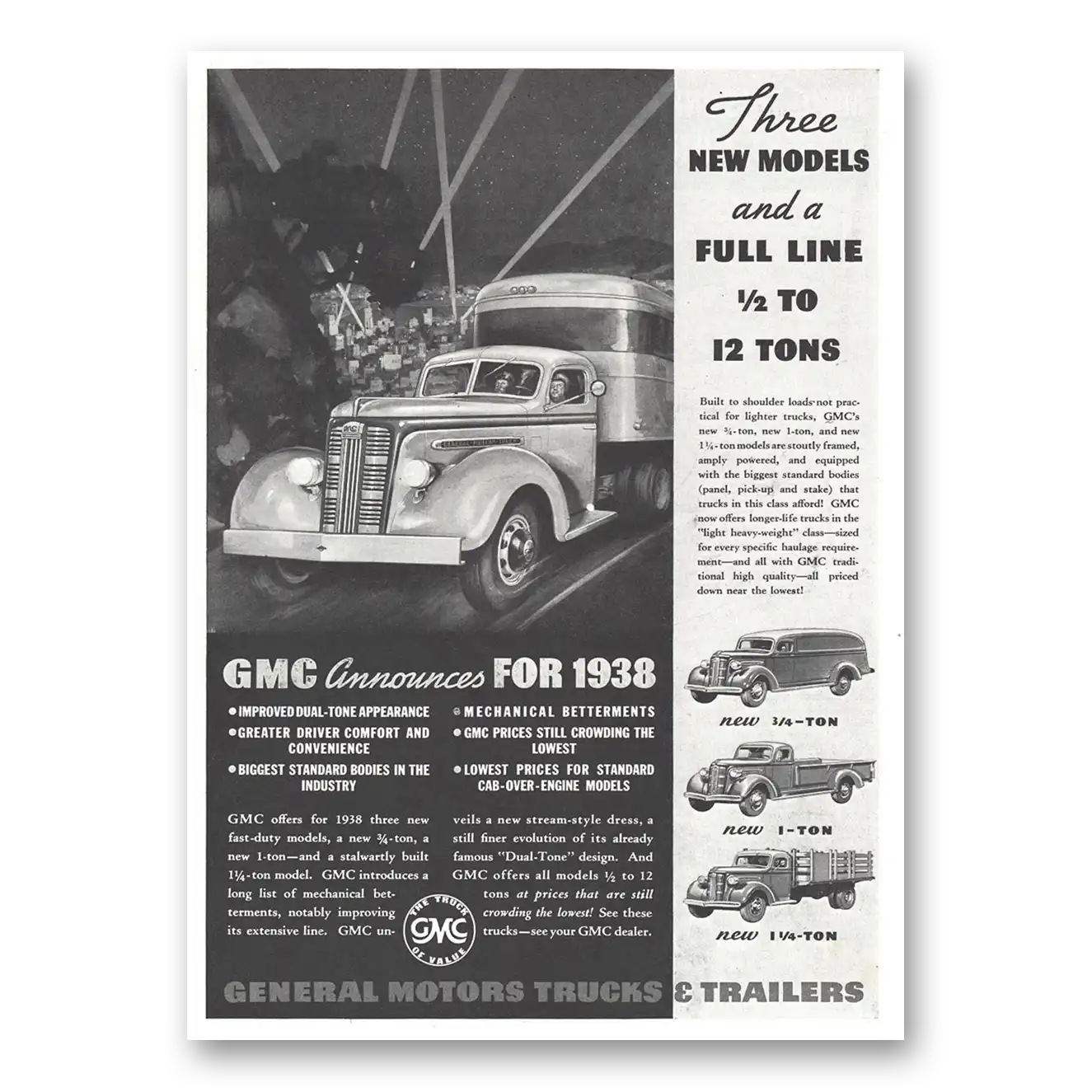 1937 General Motors Trucks Three New Models Vintage Magazine Print Ad