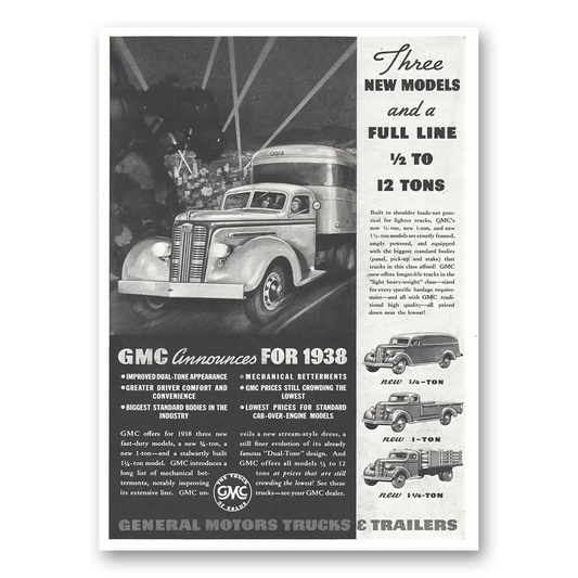 1937 General Motors Trucks Three New Models Vintage Magazine Print Ad