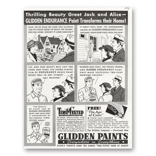 1937 Glidden Paint Thrilling Beauty Greet Jack and Alice Vintage Magazine Print Ad