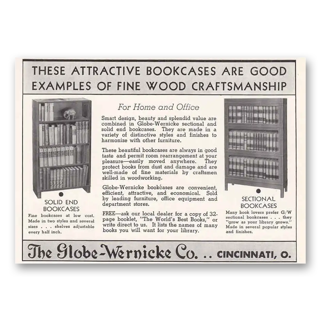 1937 Globe Wernicke Bookcases Fine Wood Craftsman Vintage Magazine Print Ad