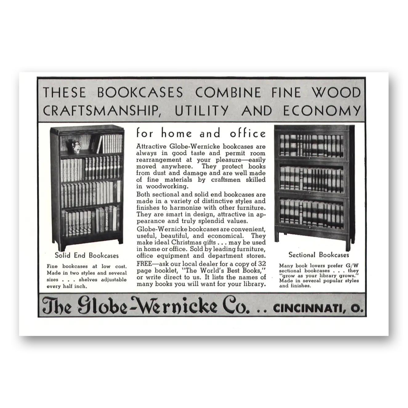 1937 Globe Wernicke Bookcases Vintage Magazine Print Ad