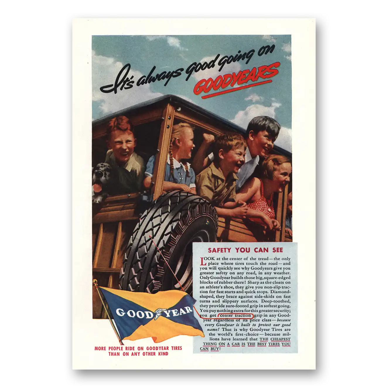 1937 Goodyear Tires Always Good Going Vintage Magazine Print Ad